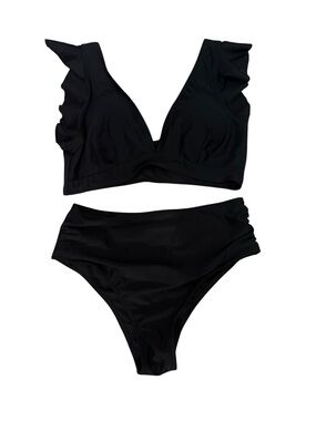 Black Ruffle Bikini Set Size Medium High Waisted Cheeky Swim Two Piece